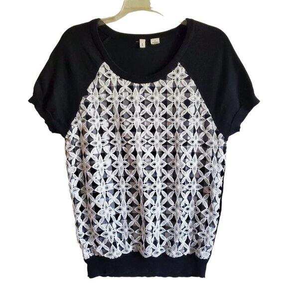 MOTH Anthropologie Black and White Gingham Lace Overlap Short Sleeve Sweater Med - Picture 1 of 15